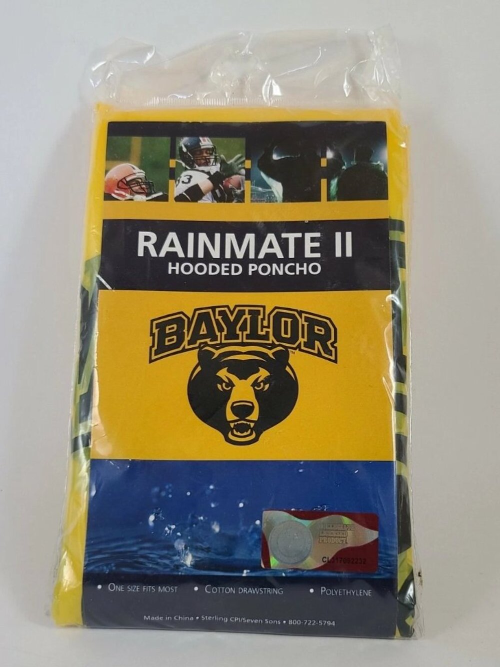 Rainmate II Hooded Poncho - Baylor University Bears - Adult Size Fits Most- New